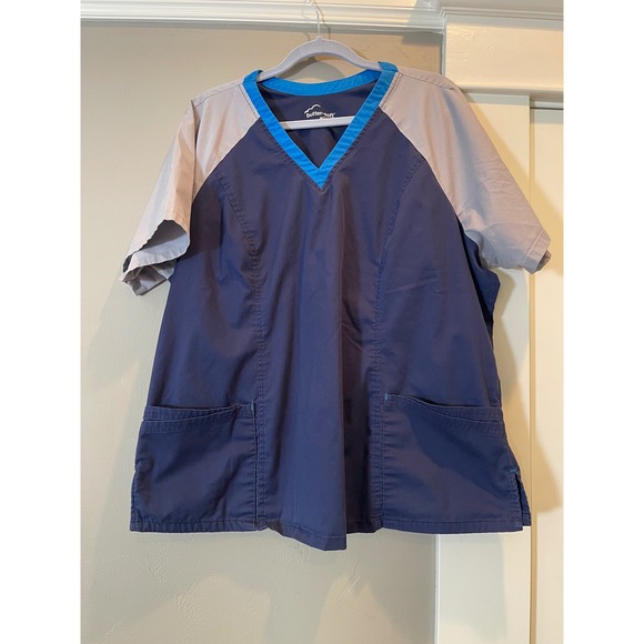 butter-soft Other - Butter-Soft Stretch Scrub Top Womens 2X Navy Blue Grey Colorblock V-Neck Pockets